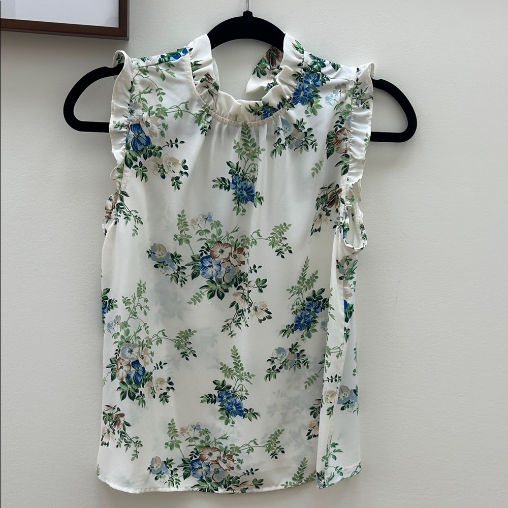 Ann Taylor Factory Cream Blouse with Blue Floral Print